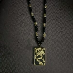 Obsidian Necklace with Chinese Dragon of Prosperity